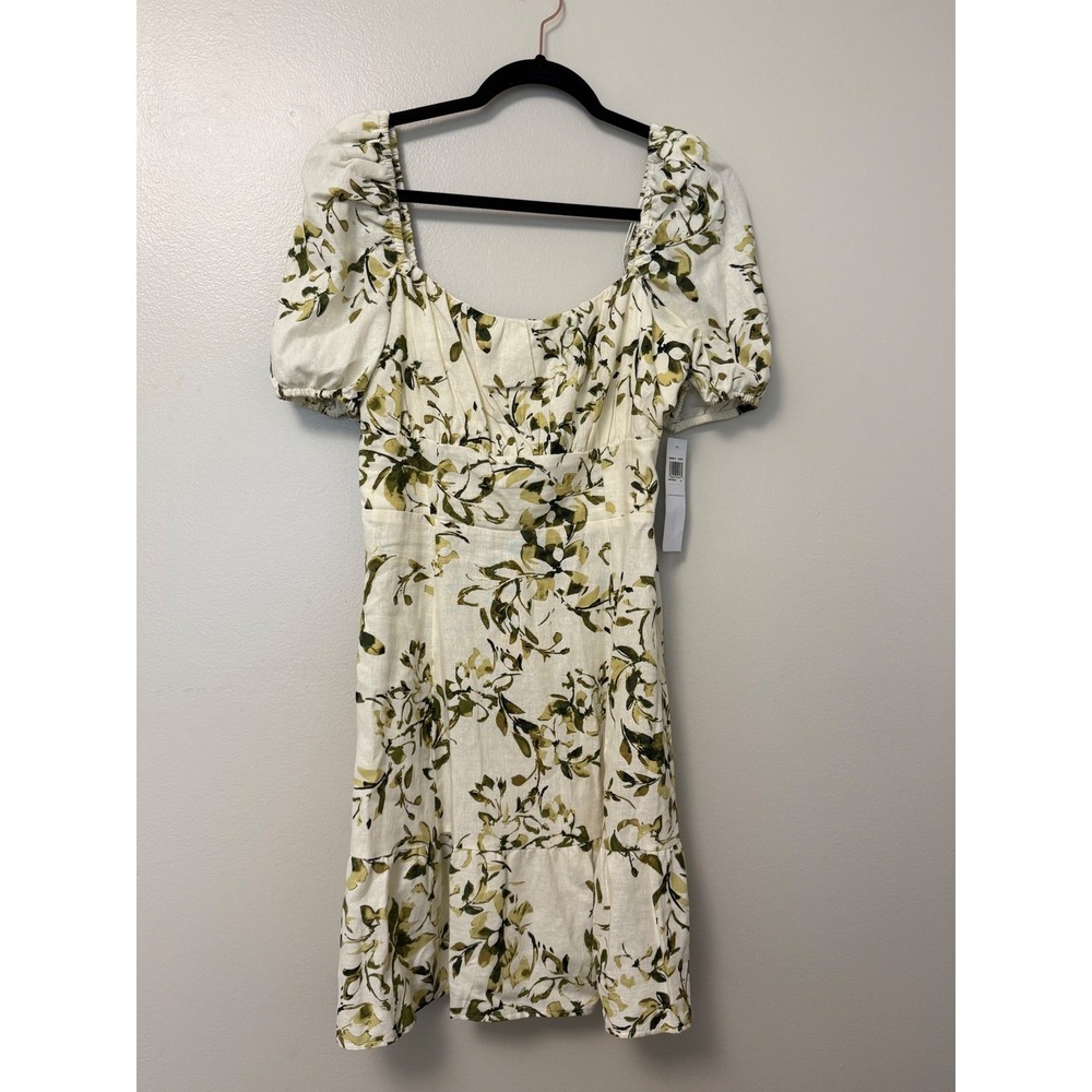 London Times Floral Linen Blend Puff Sleeve Smocked Back Mini Dress Ivory Green - Picture 2 of 8